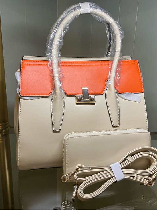 The Unbranded Brand Handbags - Cream and Orange Structured Top-Handle Satchel with Detachable Strap